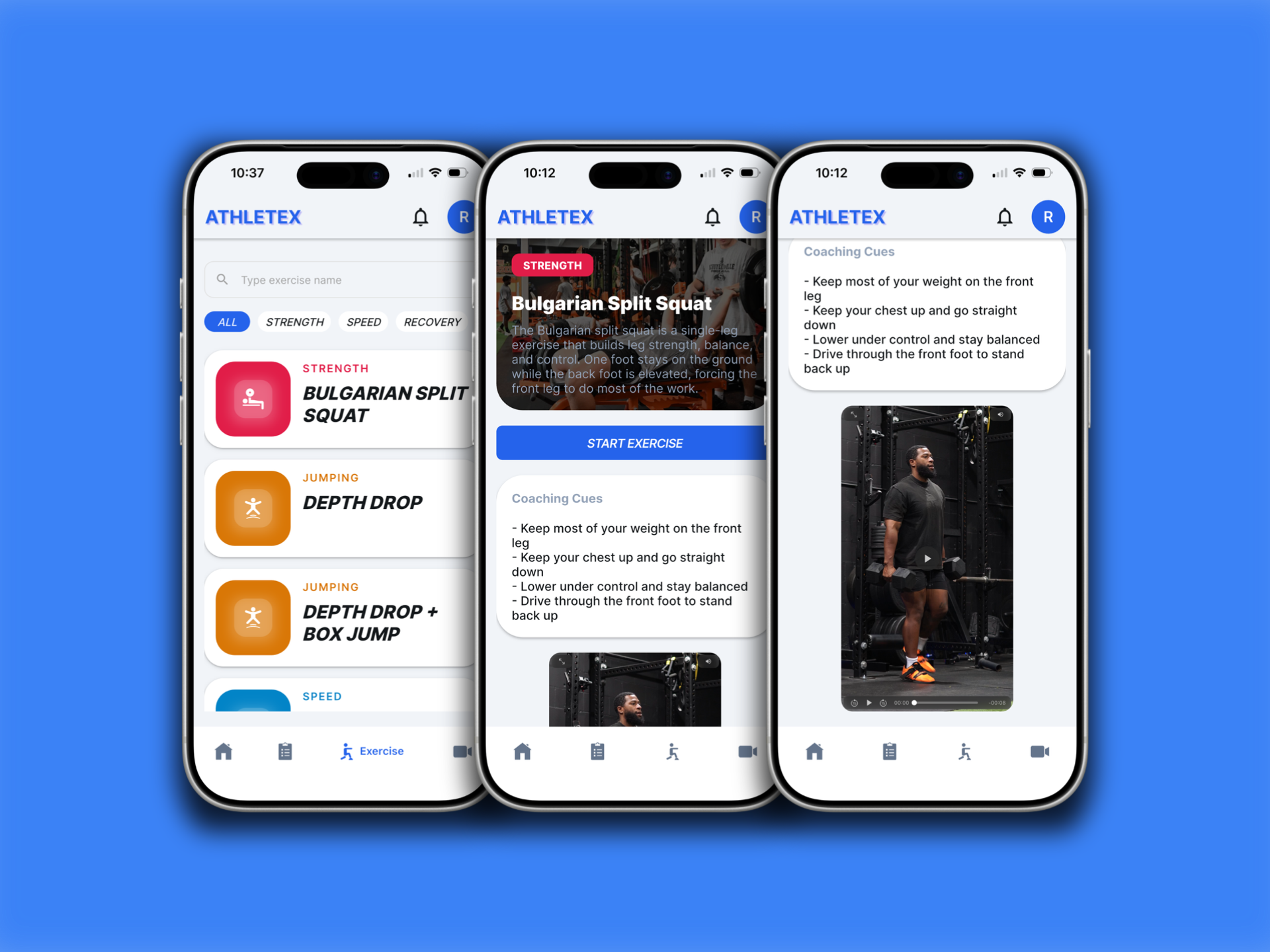 AthleteX exercise library — browse strength, speed, jumping and recovery exercises
