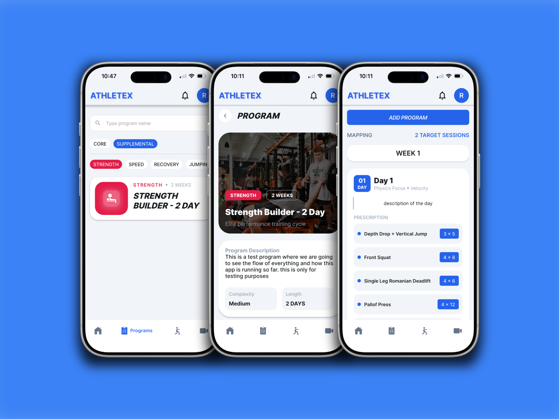 AthleteX training programs — browse core and supplemental programs with weekly scheduling