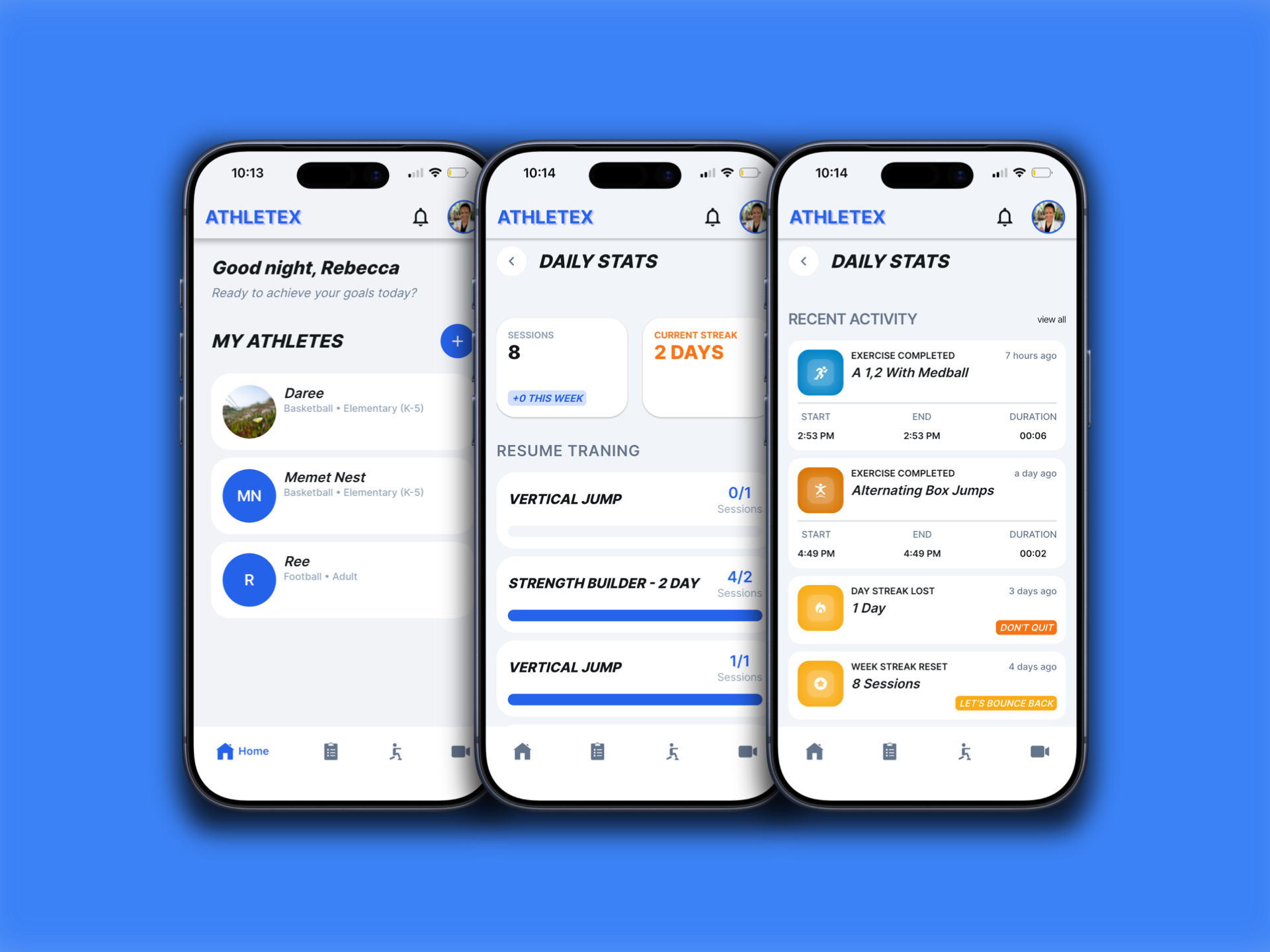 AthleteX daily stats — track sessions, streaks, and recent activity